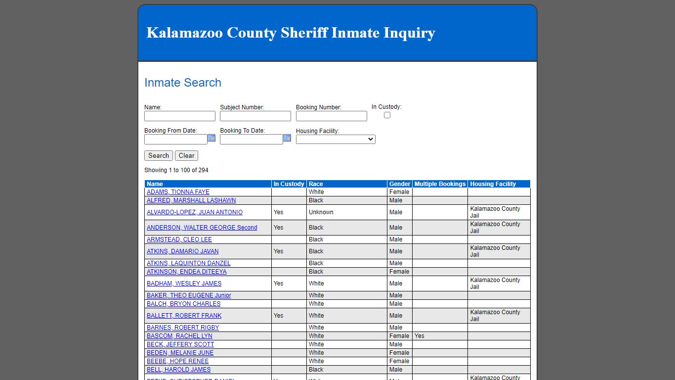 Inmate Search - Kalamazoo County County Consolidated Dispatch