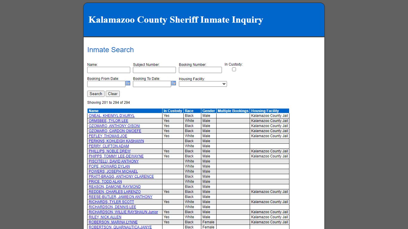 Inmate Search - Kalamazoo County County Consolidated Dispatch